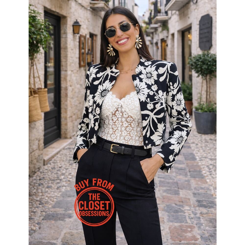 ZARA Floral Jacquard Blazer NWT | Black White Textured Jacket